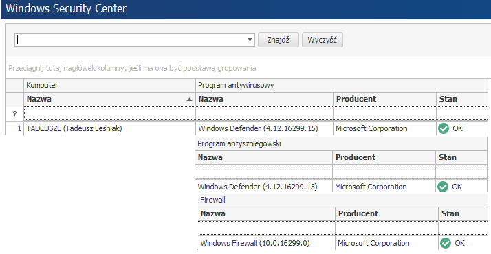 Funkcja Windows Security Center w systemie statlook 12.1.0 pozwala na zapoznanie się z infrastrukturą bezpieczeństwa wewnątrz firmy