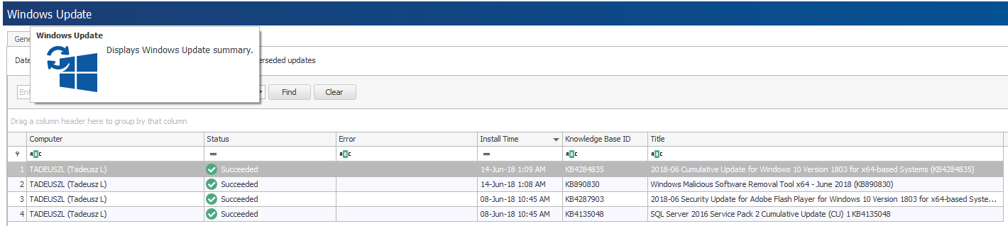 A window displayed when statlook Windows Update is run