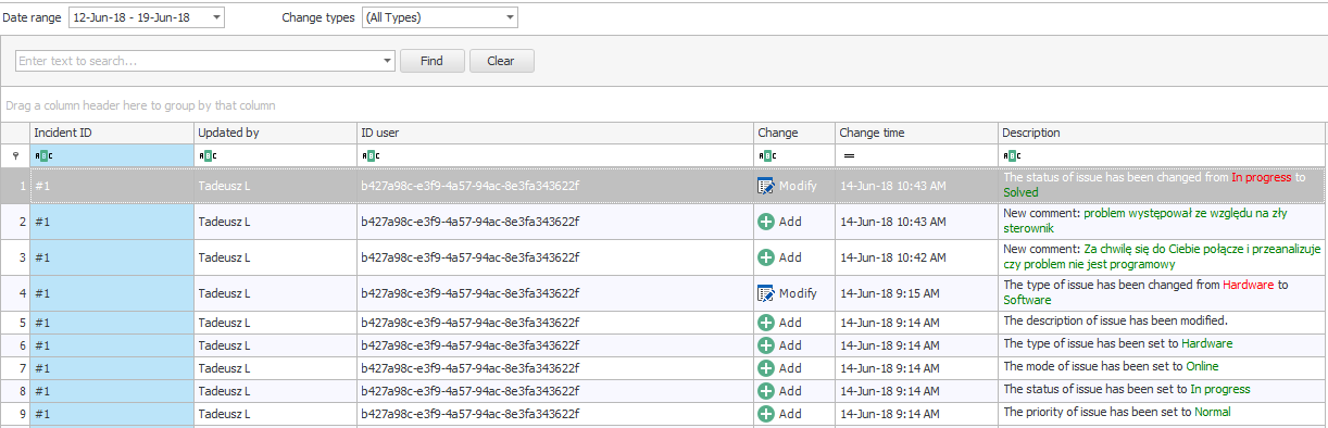 a window displayed as incident history report is run