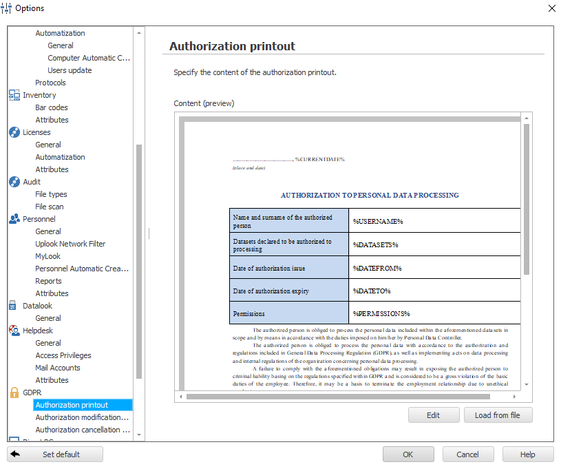Authorizations to certain GDPR-related activities in statlook system