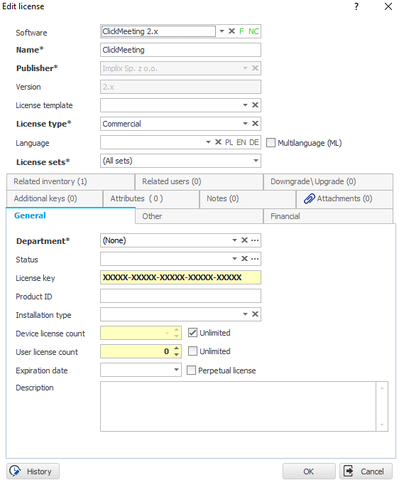 A window that enables you to add many useful information concerning licenses (department, status, license key, product ID, installation type, device license count etc.)