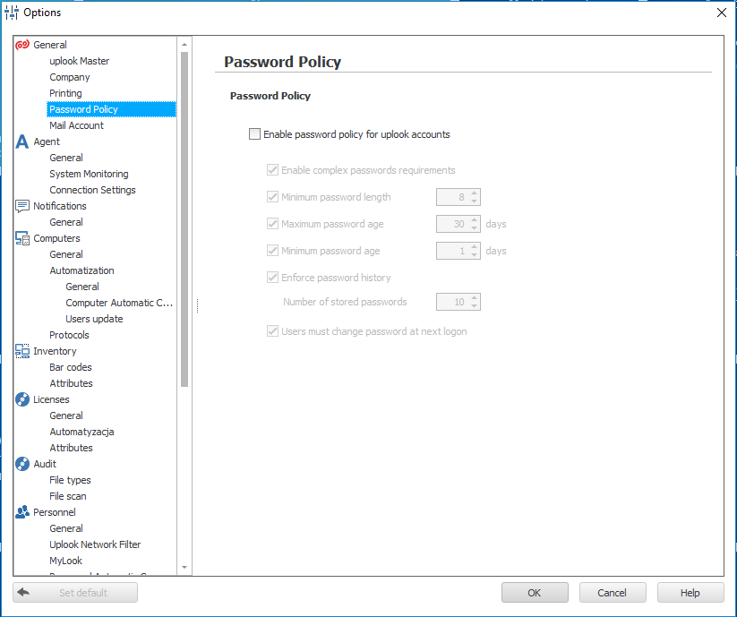 The options window depicting how you can change password policy in the system