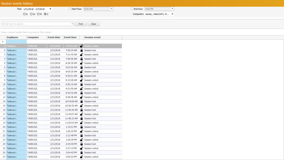 A window of session events history, depicting how and who maintained a remote desktop session in a given period of time