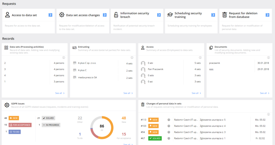 the interface of statlook GDPR, including its most vital functions (access to data set, information security breach, scheduling security training or deletion requests)